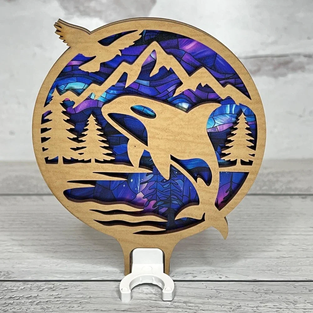 Orca Whale Night Light‎ Wood Pacific Northwest Mountain Scene Handcrafted
